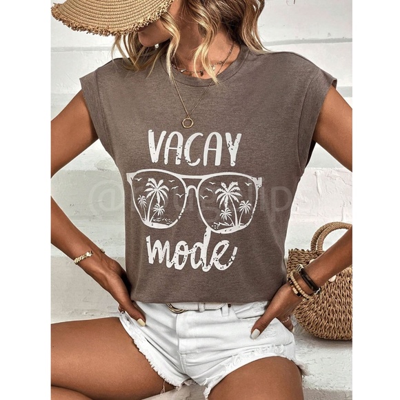 Graphic Print Mocha Brown Crew Neck Muscle Tee Top Shirt - Picture 3 of 7